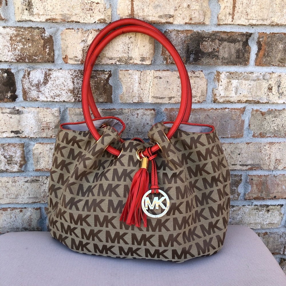 Michael Kors Signature Jacquard East West Ring Tan Orange Red Medium Tote Bag - Picture 2 of 16